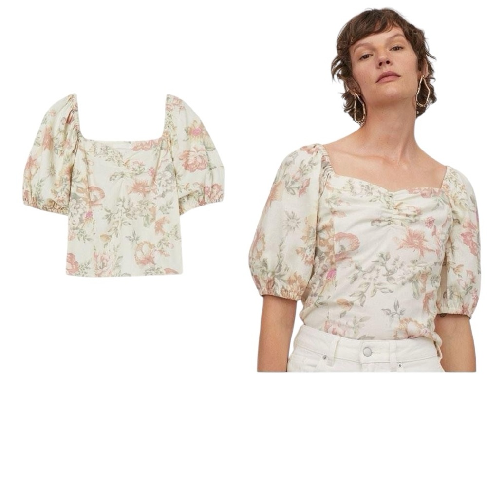 H&M Linen Blend Floral Top Blouse small